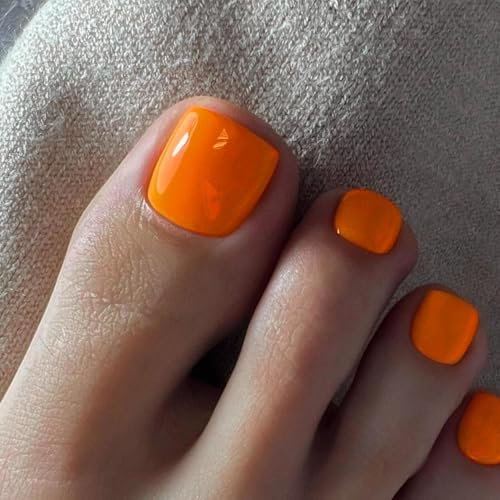 SXVME Orange Press on Toes Nails Short Square, Solid Color Fake Toe Nails Glue on, Toe Press on Nails for Women, Summer Glossy Gel ToeNails Acrylic for Decoration 24 Pcs