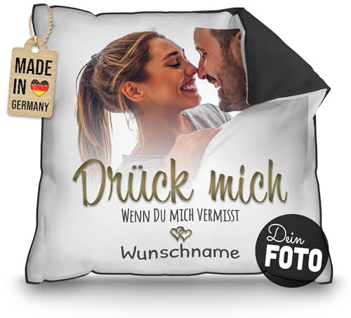 PR Print Royal Kissen mit Foto und Name selbst gestalten - Drück Mich - Personalisiertes Geschenk zum Jahrestag, Valentinstag, Geburtstag, Rückseite Schwarz, inkl. Kissenfüllung, 40 x 40 cm