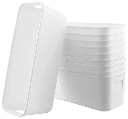 MAHIONG 10 PCS Narrow Storage Box, Plastic Small Storage Baskets with Handles, Cupboard Organiser Storage Boxes for Kitchen, Home, Office, Bathroom, White, 27 x 9.5 x 9cm