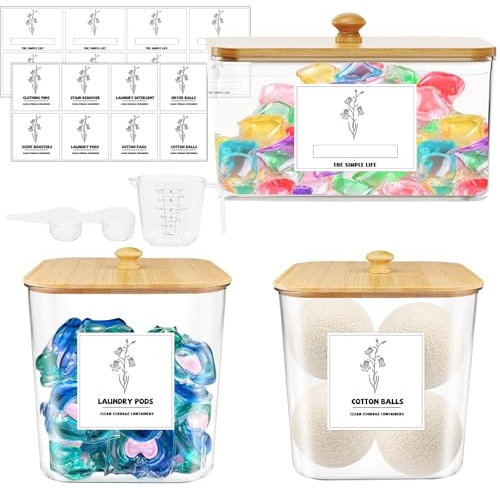 Vurlexat 3 Stück Waschmittelbox mit Bambusdeckel,Waschpulver Aufbewahrung mit 16 Wasserdichtes Etikett,Grosse Kapazität Waschpulver Behälter für Waschpods, Badebomben, DuftverstäRker, TrocknerbläTter