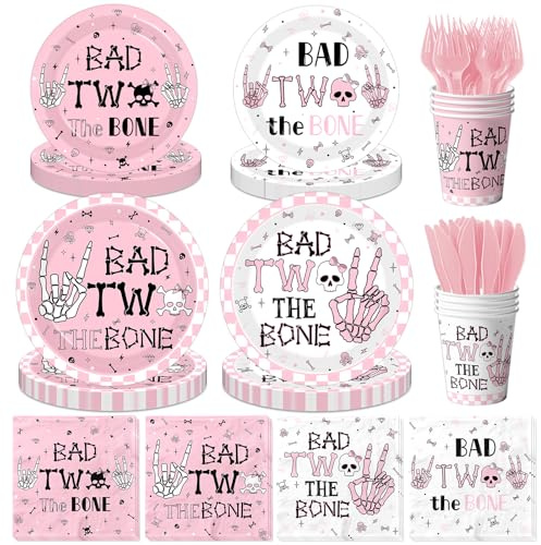 Bad Two the Bone Party Decorations Girl, Rock and Roll 2nd Birthday Party Plates and Napkins Bad to the Bone 2nd Birthday Decorations for Girl, Serve 25