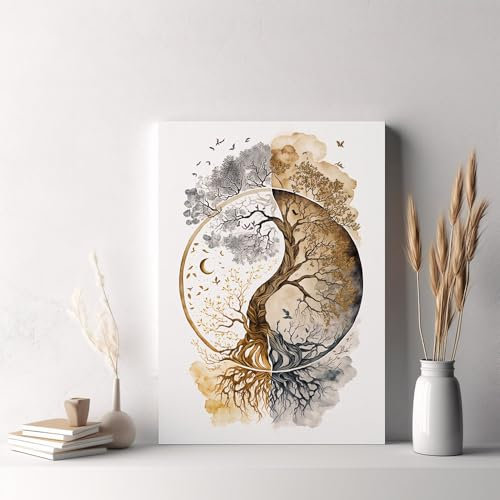 Affiche Decoration Murale Zen Tableau Bouddha Arbre de Vie Fleur Lotus Art Poster Mural Beige Toile Deco Salon Moderne SANS CADRE