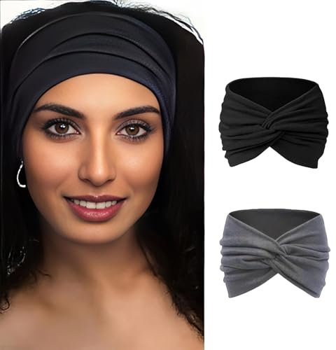 Yyyuluo Bandeau Cheveux 2 Pièces Style Croisé Noué Sans Couture en Fibre Douce Serre Tête Élastique Confortable pour Femme Yoga Sport Vintage Boho (Noir + Gris)