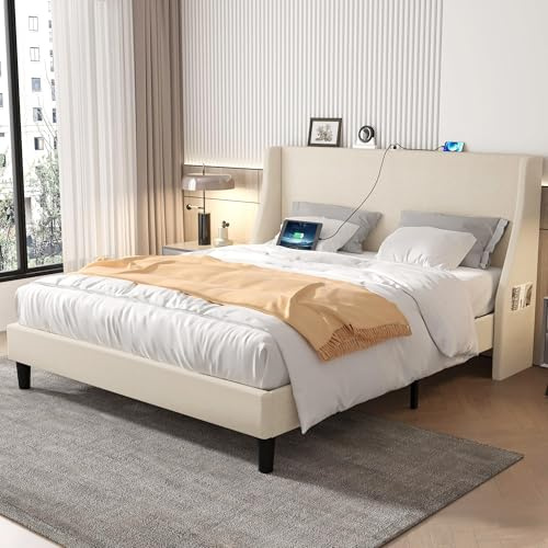 VECELO Lit Double 140x190 cm Rembourré, Cadre de Lit Moderne avec Lattes en Bois Massif, Poches de Rangement Latérales et 2 Ports USB, Montage Facile, Beige