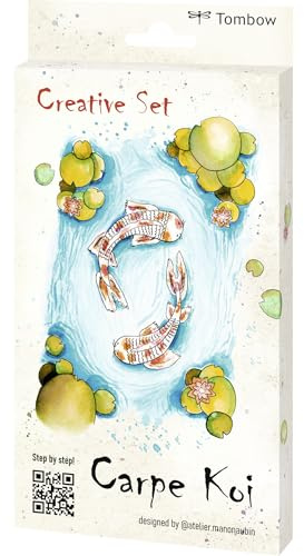 Tombow Kreativ Set Carpe Koi, Japan-inspiriertes Brush Pen Set mit ABT Dual Brush Pen, Fineliner, A6 Aqurellpapier zum Koi Zeichnen und Aquarell [JAPAN-SET4]