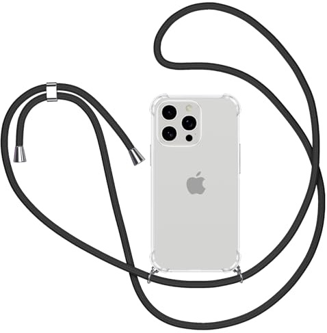 Knrlqim Cover per iPhone 13 Pro Max con Cordino, Trasparente Custodia con Laccio Collana Tracolla Collo Corda Regolabile,Sottile Morbido Silicone Antiurto Case Protettiva per iPhone 13 Pro Max,Nero