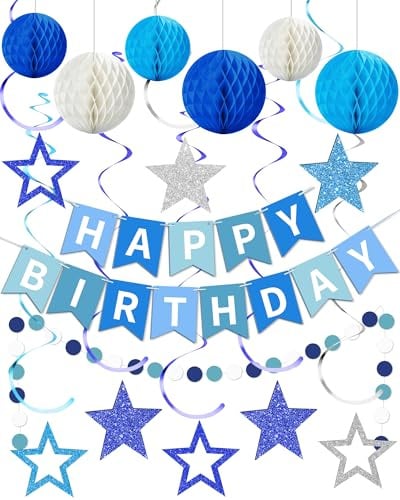 Blue Happy Birthday Decorations, Party Decorations Banners for Men Boys