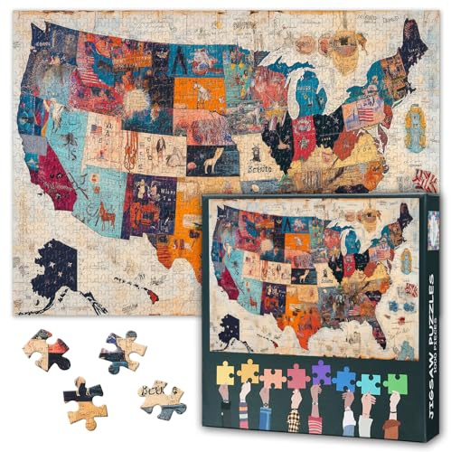 1000 Teile Puzzle für Erwachsene und Familie Landkarte der USA in leuchtenden Farben Geographisches Lernpuzzle zur Entspannung mit gut verarbeiteten Puzzleteilen 50,5 x 70,5 cm