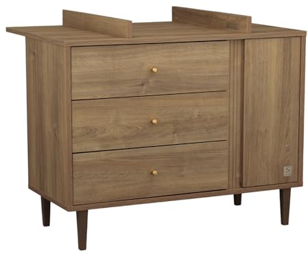 Sauthon Commode 3 tiroirs et 1 Porte avec détail Imitation Bois texturé et Pieds Bois