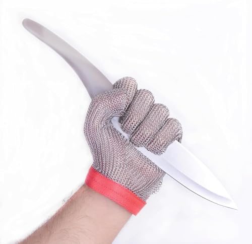 RETON-PPE Stechschutz Handschuh aus Edelstahl Kettengeflecht, Lebensmittelqualität, Schnittfest für Köche, Metzger, Sicherheitsarbeit, mit Rotem Gurt (XS)