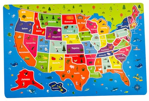 USA-Karte, Kinderpuzzles, 45-teiliges USA-Karten-Puzzle aus Holz, magnetisch, für Kinder im Alter von 4–6 Jahren, Rot