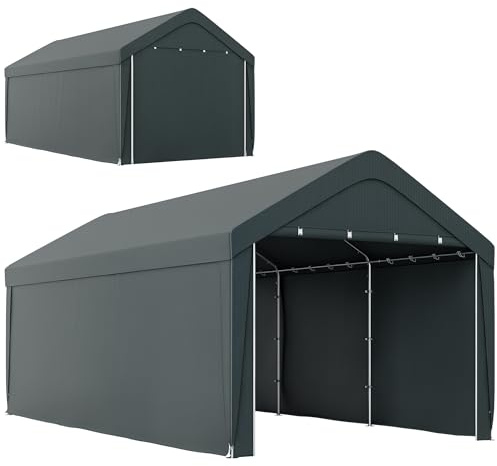 Outsunny Carport Garagenzelt 3 x 6 m, Outdoor-Carport, Lagerzelt mit abnehmbaren Seitenwänden und 2 aufrollbaren Reißverschlusstüren, für Auto, LKW, Boot, dunkelgrau