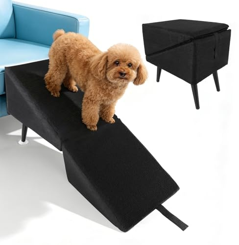 Escalera para Perros Plegable, Rampa Antideslizante y Escalón Suave | para Mascotas en Algodón y Lino para Sofá y Cama, Escalera para Perros Pequeños y Gatos, Plegable Reposapiés, 74,5×27,5×34 cm