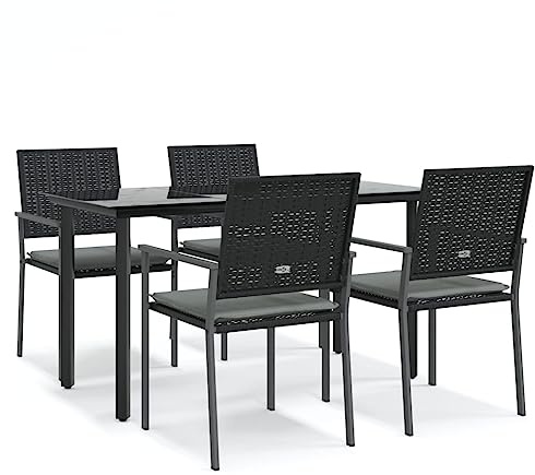 Mhdvray 5-TLG. Garten-Essgruppe 140x70 cm aus wetterfestem Poly-Rattan mit gepolsterten Kissen, klappbare Stühle mit Armlehnen, Robustes Glas-Tisch, Modernes Design für Balkon, Terrasse und Garten