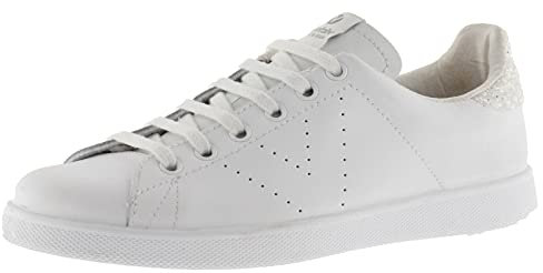 Victoria Basket Basse Tenis Cuir & Arrière Pailleté & Logo Perforé 1125104 pour Femme Blanco 37