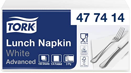Tork Serviette Lunch doux blanc, pliage 1/4, 3 plis, 33 cm x 33 cm, 10 x 150 serviettes, 477414