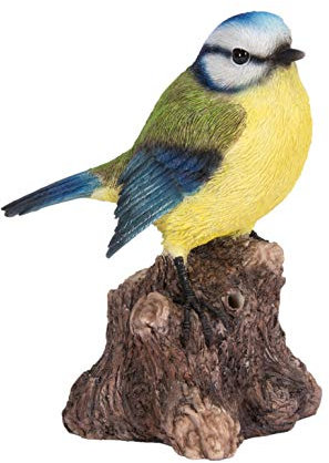 WBS-BT05-F singende Blaumeise auf Stumpf, sehr detaillierte Dekoration für Haus oder Garten, mit eingebautem Bewegungsmelder