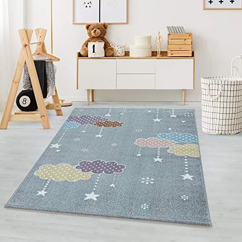 Carpetsale24 Kinderteppich, Wolken und Sternmuster Kinderzimmer Teppich, Rechteckig, PastellFarbe, Fußbodenheizung geeignet und Pflegeleicht, für Babyzimmer, Spielzimmer, Größe:80 x 150 cm