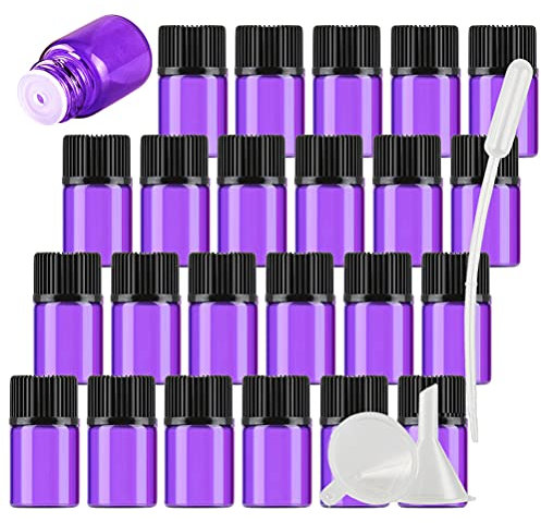 TIANZD 100 Pack 2ml Mini Bottiglia di Olio Essenziale in Vetro Viola Bottiglia con Riduttore dell'orifizio, per Oli Essenziali, Contenitori di Aromaterapia, Cosmetici Riutilizzabile