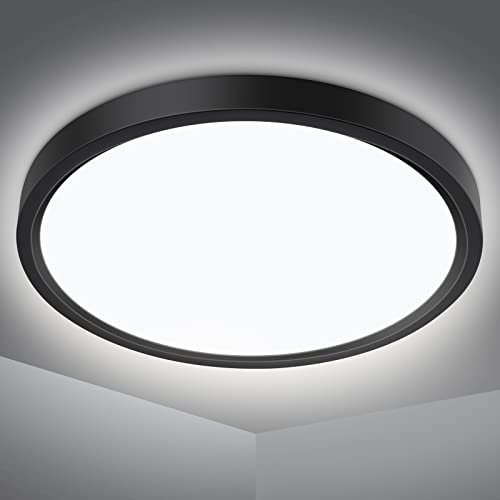 Defurhome Bathroom Ceiling Light,24W 2200LM,150W Equivalent, 5000K Daylight White,Waterproof IP54,Dome Modern Flush Ceiling Light for,Kitchen,Porch,Bulkhead,Bedroom,Utility Room, Ø30CM(Black)