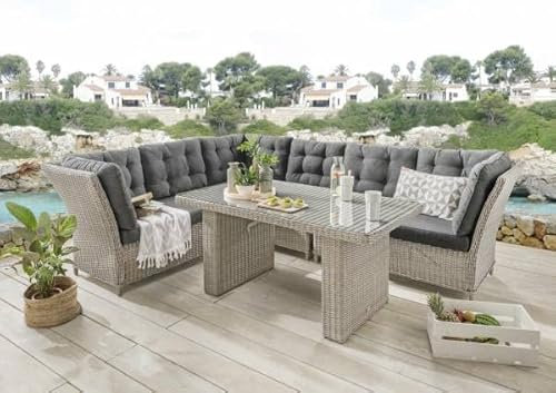 Beauty.Scouts XL Dininglounge Randy Vintage weiß 2er-Set Polster anthrazit Loungesofa Tisch Garten Gartenmöbelset Loungeset Sitzgruppe Gartengruppe Essgruppe