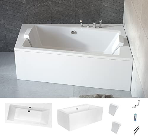ECOLAM® Badewanne Infinity Trapezwanne Eckwanne für Zwei mit Ablauf mittig 160x100 cm RECHTS + Schürze aus Acryl + 2 x Kopfstütze modern Ab- und Überlauf Automatik Füße Silikon Komplett-Set
