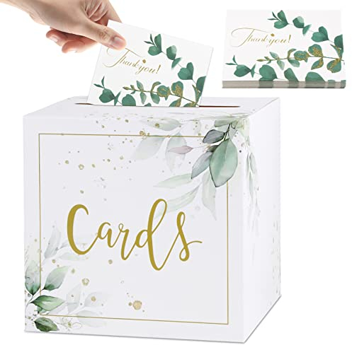 BOFUNX Hochzeit Kartenbox mit 30 Stücke Thankyou Grußkarten Hochzeitsdeko Hochzeitsbox Geschenkkarten Partydeko Geschenkkartenbox Geld Box Briefbox Postbox weiß