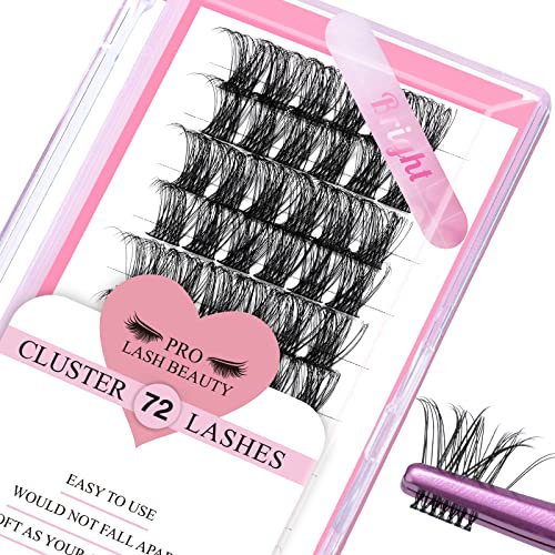 PRO LASHBEAUTY Cluster Wimpern, 72 Stück einzelne Wimpern, Wimpern-Cluster DIY Wimpernverlängerung, super dünnes Band wiederverwendbar weich & bequem (Bright-D-12mm)