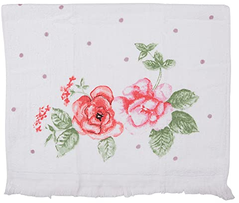 Clayre & Eef Gästehandtuch 40x66 cm Weiß Rosa Baumwolle Rechteck Blumen Toiletten Handtuch
