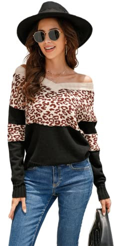 HEYPORK Damen Herbst Winter Warm Bequem Pullover Casual Mode Strickjacke Strickpullover Frauen V-Ausschnitt Leopardenmuster Pullover Bottoming Pullover Pullover Stricken(Schwarz, L)