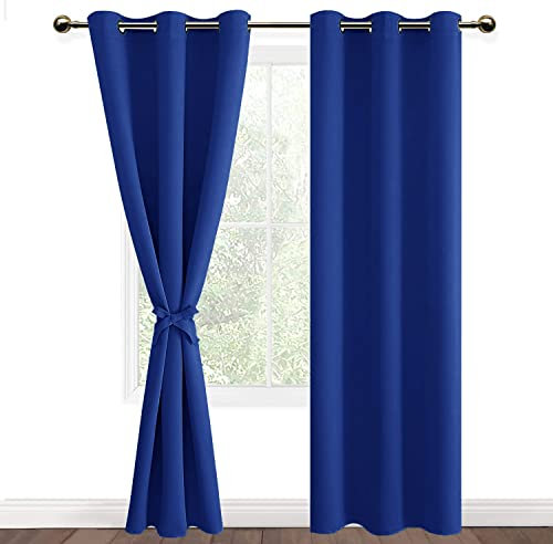 DWCN Blue Blackout Curtains with Tiebacks for Bedroom Thermal Insulated Solid Eyelet Curtains for Living Room,2 Panels,46 Wide x 90 Drop