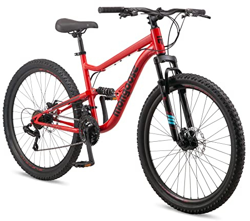 Mongoose Status Mountain Bike, 27.5 Inch Bike for Men and Women, 21 Speed, Aluminum Suspension Frame, Steel Rear Triangle, Dual Suspension, Knobby Mountain Tires, Mechanical Disc Brakes, Adult Bicycle