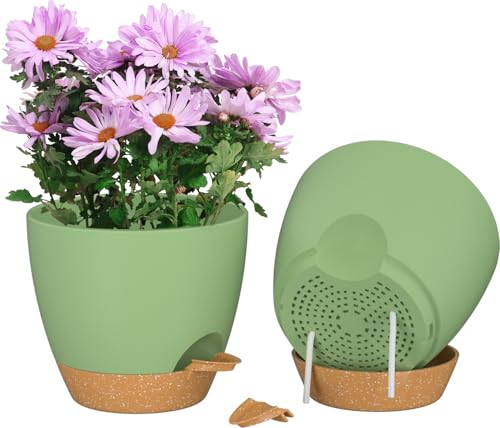 ZMTECH 20 cm Pflanztöpfe mit Bewässerungslippe Selbstbewässernde Pflanztöpfe mit Abflusslöchern und herausnehmbarem Untersetzer Kunststoff-Pflanztöpfe für den Innen- und Außenbereich (Grün, 2er-Set)