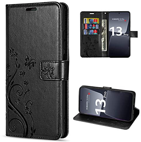 betterfon Hülle Kompatibel mit Xiaomi 13 Pro | Premium PU Leder Handyhülle Wallet Case für 13 Pro | Schutzhülle Blumen Klapphülle Handyhülle | Schwarz