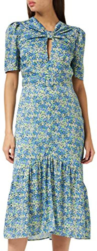 Hope & Ivy The Paulita Twist Neck Midi Tea Dress with Buckle Belt Detail and Keyhole Front Blue