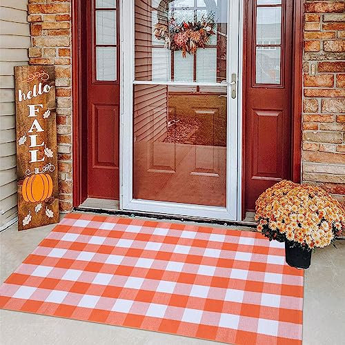 Teppich für den Außenbereich, kariert, Baumwolle, handgewebt, kariert, für Haustür, Veranda, Bauernhaus, Eingang, Terrasse, 1,2 x 1,8 m, Orange und Weiß