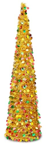 Warmiehomy 5ft/150cm Collapsible Christmas Tree Glittering Pencil Christmas Trees with Sequin Artificial Pop up Tinsel Tree Christmas Decorations for Home, Store, Office, Golden