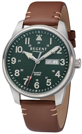 REGENT Herrenuhr Tag Datum braunem Lederband ⌀ 41mm