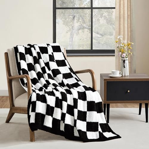 CREVENT Couverture plaid réversible en microfibre ultra douce et pelucheuse pour canapé et lit - 127 x 152 cm, noir à carreaux