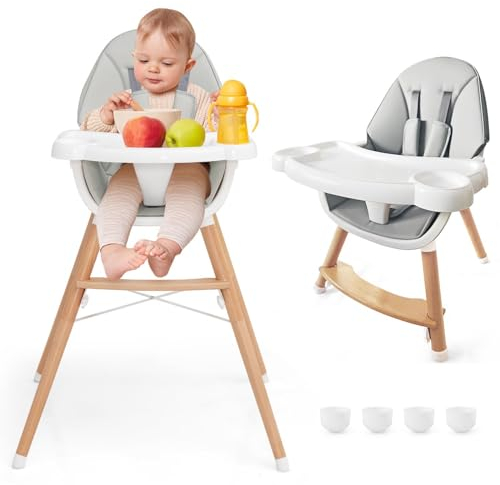 COSTWAY Tronas de bebé 2 en 1, Silla Alta para Bebés con Bandeja para Lavaplatos, Trona de Madera para Bebés, Silla de Bebe para Comer con Cojín de Asiento Extraíble, Arnés de 5 Puntos (Gris)