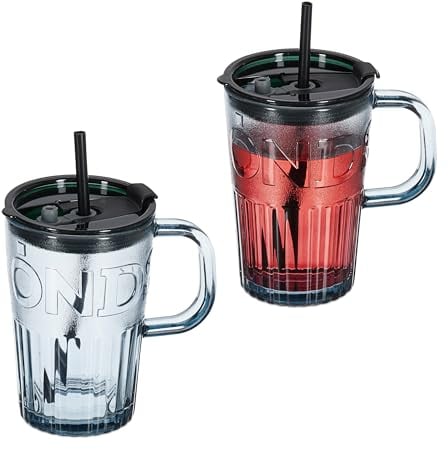Relaxdays Jarre avec Paille, Couvercle et Anse, lot Pratique de 2, Volume : 450 ML, pour Votre Smoothie, Grise