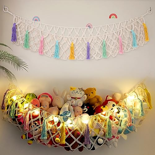 Stofftiernetz oder Hängematte, große Stofftieraufbewahrung, Makramee, Spielzeug, Hängematte, Ecknetz für Stofftiere, Plüschnetz, Hängematte mit Sternenlichtern für Boho-Kinderzimmer, Kinderzimmer,