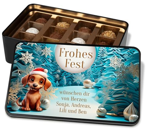 Pralinendose personalisiert „Frohes Fest“ – mit 3D Motiv - 12 Confiserie-Pralinen in Metalldose – Schokolade Geschenk zu Weihnachten (Hund)