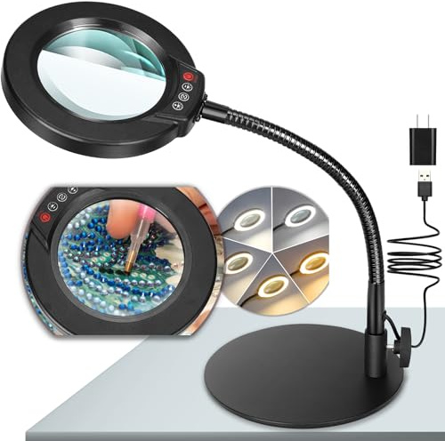 Krstlv 10X Magnifying Glass with Light and Stand, 5 Color Modes Stepless Dimmable LED Lighted Desk Lamp, Hands Free Magnifier with Flexible Goose-Neck for Craft Hobby Painting Sewing Close Work