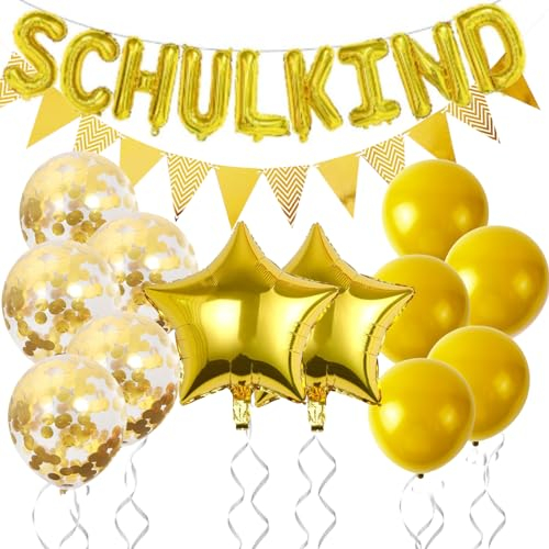 VIKY® Schulanfang Deko Einschulung Junge Mädchen, 14 Stück Einschulung Deko Set, Schulkind Deko Gold 2025, Deko Schulanfang mit Wimpelkette, Stern Einschulung Folienballon,Konfetti Luftballons