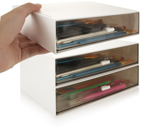 AHAQU 3PCS Desk Drawer Organizer, Desktop Storage Drawers, Stackable Organizer Drawers, White Makeup Organizer, Plastic Stationery Organiser for Office, School, Home