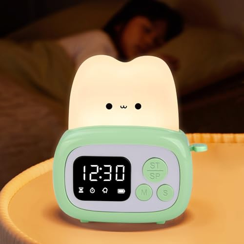 SOARFLY Süßer Wecker Toaster LED Nachtlicht, Cute Lamp Nachtlicht Kinder mit Zeitmanagement Tool, Wecker Digital Kinder für Kinderzimmer Deko, Kinder Lampe Geschenk für Baby Mädchen Jungen(Grün)