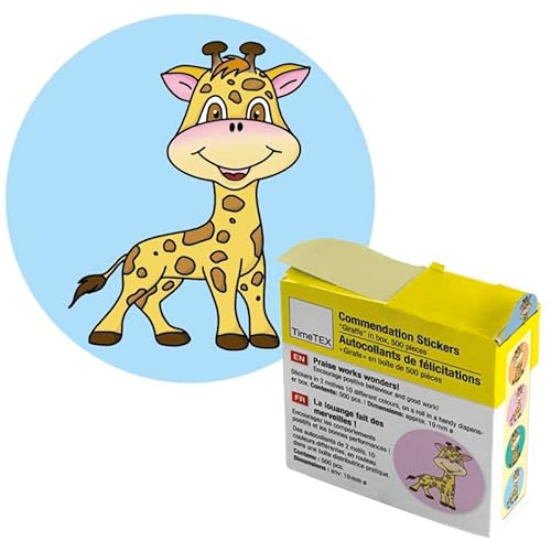 TimeTEX - Belobigungs-Aufkleber Giraffe | Lehrersticker für motivierendes Feedback | 500 Sticker in praktischer Spender-Box | 2 Motive mit verschiedenfarbigen Hintergründen | 19 mm ø