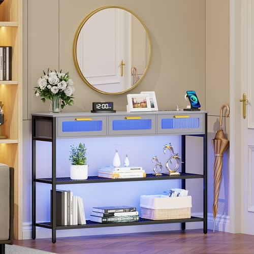 Lvifur Konsolentisch mit 3 Schubladen,Beistelltisch mit LED Leuchte & verstellbare Füße,Sofatisch mit Smart Ladestation für Wohnzimmer,Eingangsbereich,Flur