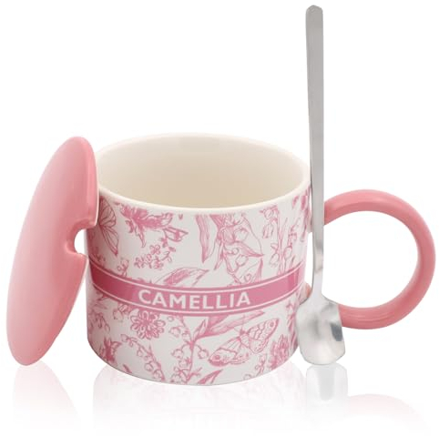 XIMKONTER 380ml tazza di caffè in ceramica, cappuccino tazza set con cucchiaio e coperchio, tazza di tè in ceramica fatta a mano a parete spessa tazza di tè, regalo per ufficio e casa (Rosa)